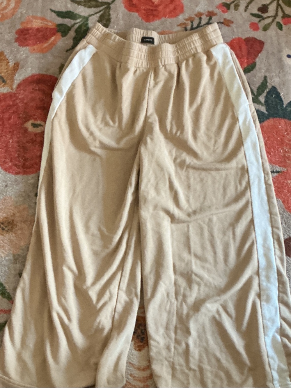 Express Beige Wide-Leg Track Pants with White Side Stripes